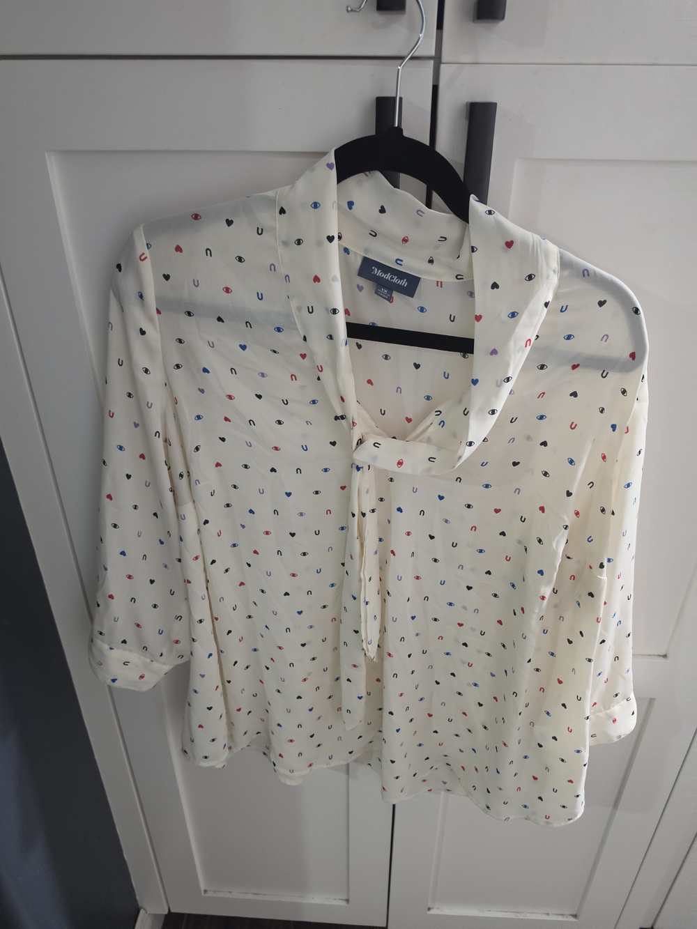Modcloth Cream Tie-Neck Blouse with Multicolor Heart Print